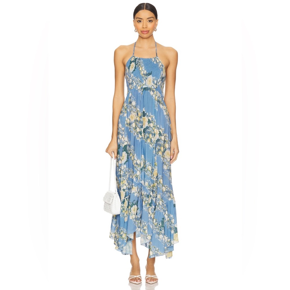 Free People Heat Wave Printed Floral Maxi Dress Size Medium in Allure Blue Combo